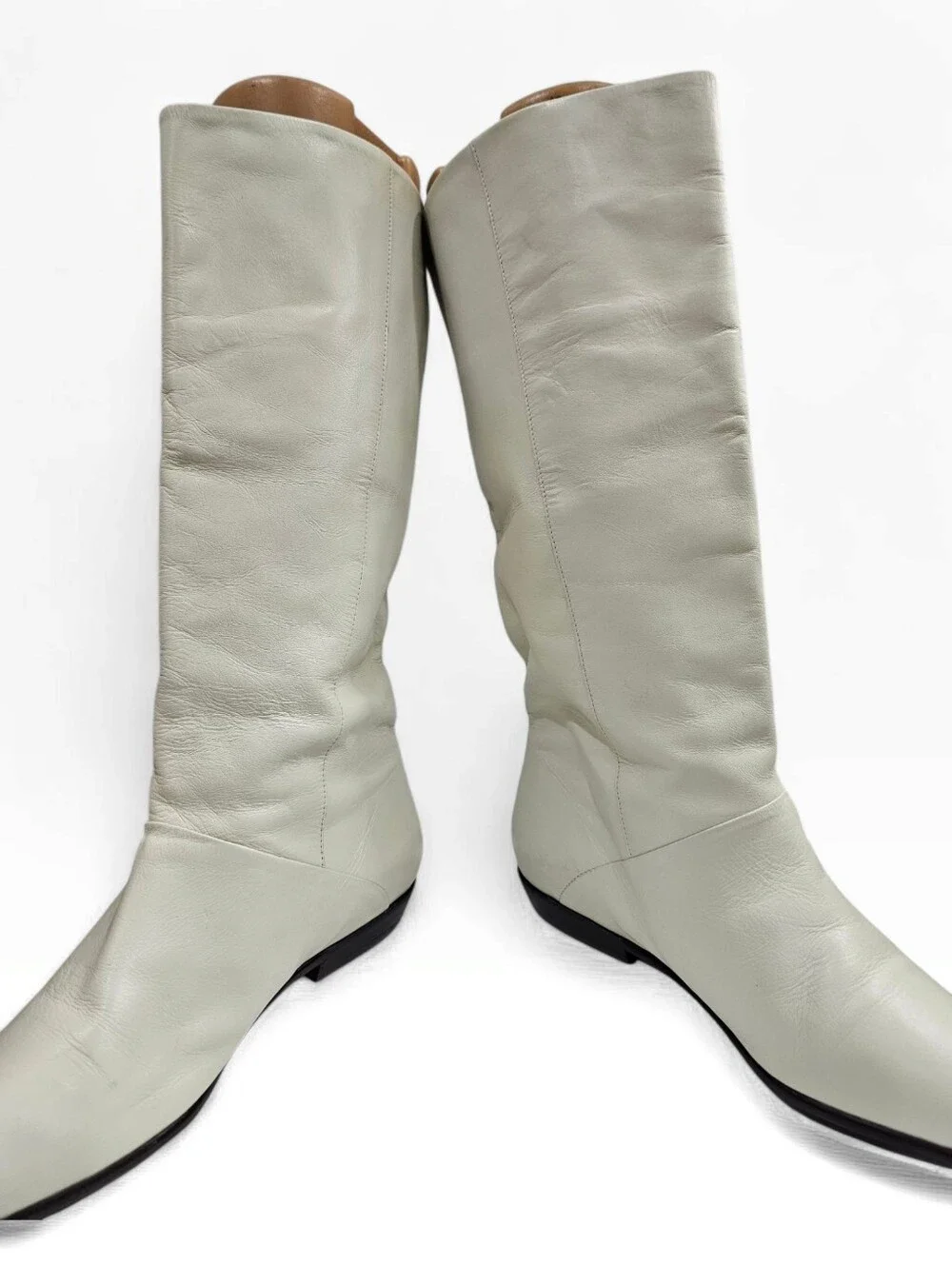 Vintage 80s Women Cream Leather Slouch Flat Boots 8M Made in Brazil